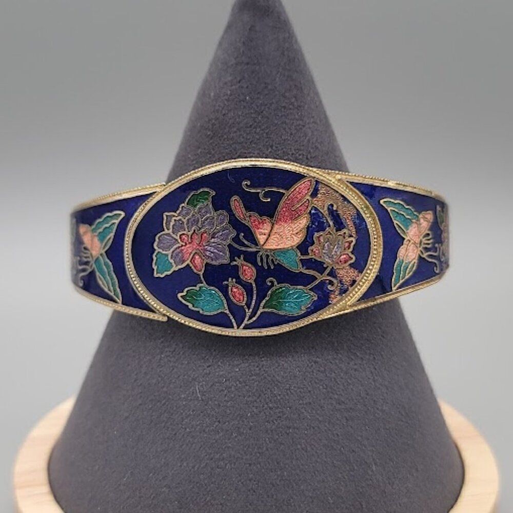 Vintage Gold Tone Cloisonné Hinged Bracelet